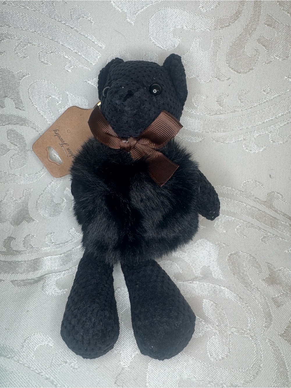 New Plush Black Bear with Brown Bow - Soft Fur Keychain bag charm